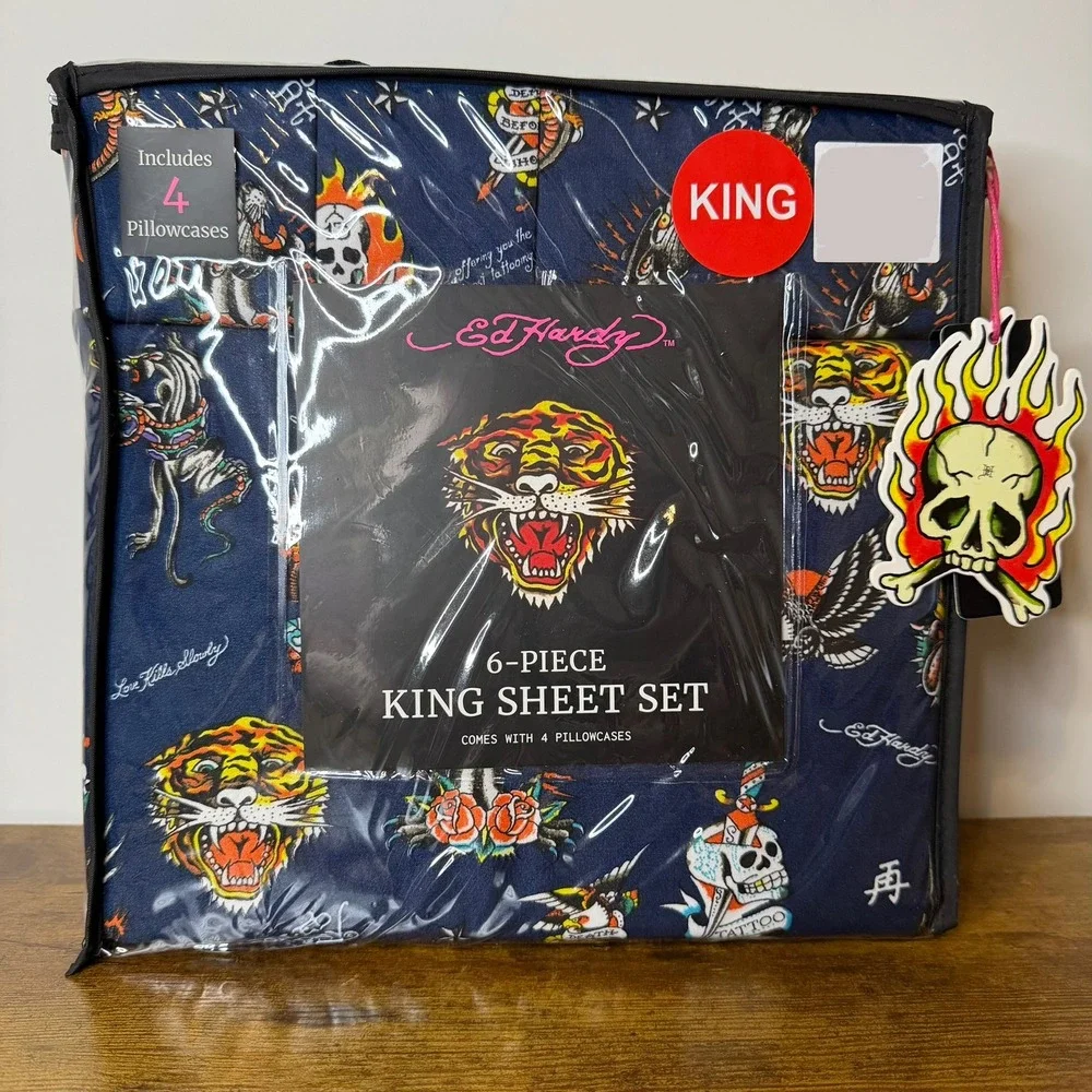 New Ed Hardy King 6 Pc Double Brushed Sheet Set Blue Skull Tiger Bedding Y2K